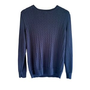 Kim Rogers Navy Black Cable Knit Cotton Sweater Womens Lg Button Shoulder Crew